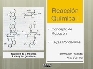 Reacción
Química I
Profesor Juan Sanmartín
Física y Química
• Concepto de
Reacción
• Leyes Ponderales
Reacción de la molécula
Santiaguina (alcaloide)
 