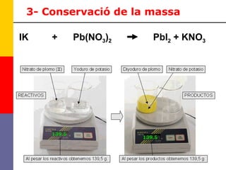 3- Conservació de la massa IK  +  Pb(NO 3 ) 2   PbI 2  + KNO 3 
