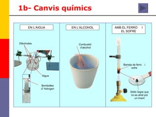 Aigua Elèctrodes Bombolles d’ hidrogen Combustió d’alcohol  Barreja de ferro  i sofre Sòlid negre que no es atret por un imant 1b- Canvis químics AMB EL FERRO  I EL SOFRE EN L’ALCOHOL EN L’AIGUA 