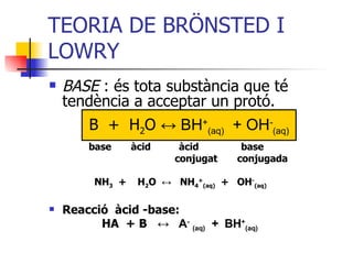 TEORIA DE BRÖNSTED I LOWRY BASE  : és tota substància que té tendència a acceptar un protó. base  àcid  àcid  base   conjugat  conjugada NH 3   +  H 2 O  ↔   NH 4 + (aq)   +  OH - (aq) Reacció  àcid -base:   HA  + B  ↔  A -   (aq)   +  BH + (aq) B  +  H 2 O  ↔ BH + (aq)   + OH - (aq) 