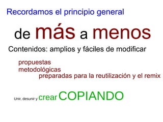 de más a menos
Contenidos: amplios y fáciles de modificar
propuestas
metodológicas
preparadas para la reutilización y el remix
Unir, desunir y crearCOPIANDO
Recordamos el principio general
 