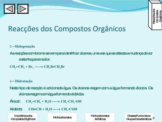 Reacções dos Compostos Orgânicos 3 – Halogenação As reacções com bromo servem para identificar alcenos, uma vez que se detecta a mudança de cor castanha para incolor. CH 2 =CH 2  + Br 2     CH 2 BrCH 2 Br 4 – Hidratação Neste tipo de reacção é adicionada água. Os alcenos reagem com a água formando álcoois. Os alcinos reagem com água formando aldeídos. Álcool:  CH 2 =CH 2  + H 2 O    CH 3 -CH 2 -OH Aldeído:  CH  CH + H 2 O    CH 3 -COH Reacções dos Compostos Orgânicos Importância dos Compostos Orgânicos Hidrocarbonetos Hidrocarbonetos Alifáticos Classes Funcionais e  Grupos Característicos  
