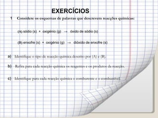 EXERCÍCIOS (A)   sódio (s)  +  oxigénio (g)     óxido de sódio (s) (B)   enxofre (s)  +  oxigénio (g)     dióxido de enxofre (s) 1 Considere os esquemas de palavras que descrevem reacções químicas: a) Identifique o tipo de reacção química descrito por (A) e (B). b) Refira para cada reacção química os reagentes e os produtos da reacção.  c) Identifique para cada reacção química o comburente e o combustível.   