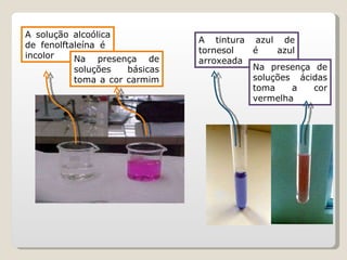 A solução alcoólica de fenolftaleína é  incolor Na presença de soluções básicas toma a cor carmim  A tintura azul de tornesol é azul arroxeada Na presença de soluções ácidas toma a cor vermelha 