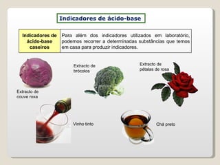 Indicadores de ácido-base  Extracto de couve roxa Extracto de brócolos Extracto de pétalas de rosa Chá preto Vinho tinto Indicadores de ácido-base caseiros Para além dos indicadores utilizados em laboratório, podemos recorrer a determinadas substâncias que temos em casa para produzir indicadores.  