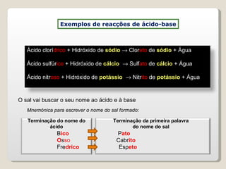 Exemplos de reacções de ácido-base Mnemónica para escrever o nome do sal formado: Terminação do nome do ácido O sal vai buscar o seu nome ao ácido e à base Terminação da primeira palavra do nome do sal B ico   P ato O s so   Cabr ito Fre drico   Esp eto   Ácido clorí drico  + Hidróxido de  sódio    Clor eto  de  sódio  + Água Ácido sulfúr ico  + Hidróxido de  cálcio    Sulf ato  de  cálcio  + Água Ácido nitr oso  + Hidróxido de  potássio     Nitr ito  de  potássio  + Água 