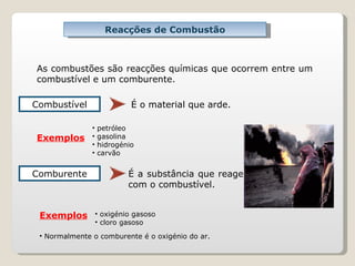 Reacções de Combustão As combustões são reacções químicas que ocorrem entre um combustível e um comburente. Combustível Comburente É o material que arde. É a substância que reage com o combustível. Exemplos Exemplos petróleo gasolina hidrogénio carvão oxigénio gasoso cloro gasoso Normalmente o comburente é o oxigénio do ar. 