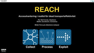 REACH
Accesshantering i realtid för ökad transporteffektivitet
Per Olof Arnäs, Chalmers
Stefan Jacobsson, Consenso
Bilder finns på slideshare.net/poar
 