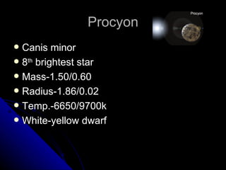 Procyon Canis minor 8 th  brightest star Mass-1.50/0.60 Radius-1.86/0.02 Temp.-6650/9700k White-yellow dwarf 