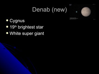 Denab (new) Cygnus 19 th  brightest star White super giant  