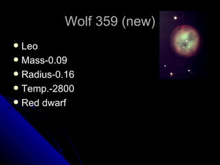 Wolf 359 (new) Leo Mass-0.09 Radius-0.16 Temp.-2800 Red dwarf 