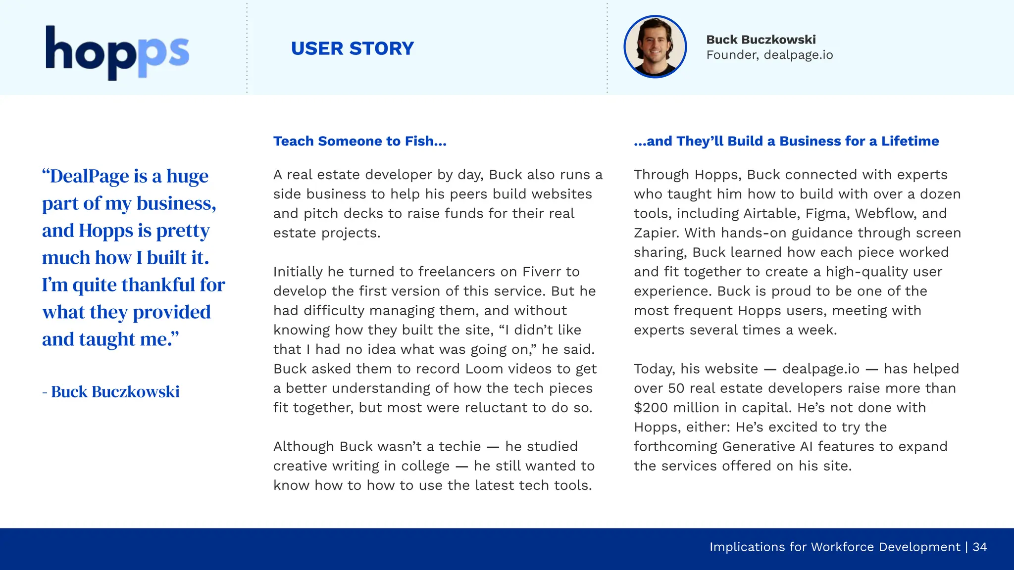 Teach Someone to Fish…
A real estate developer by day, Buck also runs a
side business to help his peers build websites
and pitch decks to raise funds for their real
estate projects.
Initially he turned to freelancers on Fiverr to
develop the ﬁrst version of this service. But he
had difficulty managing them, and without
knowing how they built the site, “I didn’t like
that I had no idea what was going on,” he said.
Buck asked them to record Loom videos to get
a better understanding of how the tech pieces
ﬁt together, but most were reluctant to do so.
Although Buck wasn’t a techie — he studied
creative writing in college — he still wanted to
know how to how to use the latest tech tools.
…and They’ll Build a Business for a Lifetime
Through Hopps, Buck connected with experts
who taught him how to build with over a dozen
tools, including Airtable, Figma, Webﬂow, and
Zapier. With hands-on guidance through screen
sharing, Buck learned how each piece worked
and ﬁt together to create a high-quality user
experience. Buck is proud to be one of the
most frequent Hopps users, meeting with
experts several times a week.
Today, his website — dealpage.io — has helped
over 50 real estate developers raise more than
$200 million in capital. He’s not done with
Hopps, either: He’s excited to try the
forthcoming Generative AI features to expand
the services offered on his site.
“DealPage is a huge
part of my business,
and Hopps is pretty
much how I built it.
I’m quite thankful for
what they provided
and taught me.”
- Buck Buczkowski
USER STORY
Implications for Workforce Development | 34
Buck Buczkowski
Founder, dealpage.io
 