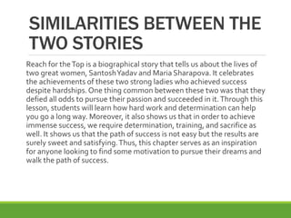 SIMILARITIES BETWEEN THE
TWO STORIES
Reach for theTop is a biographical story that tells us about the lives of
two great women, SantoshYadav and Maria Sharapova. It celebrates
the achievements of these two strong ladies who achieved success
despite hardships.One thing common between these two was that they
defied all odds to pursue their passion and succeeded in it.Through this
lesson, students will learn how hard work and determination can help
you go a long way. Moreover, it also shows us that in order to achieve
immense success, we require determination, training, and sacrifice as
well. It shows us that the path of success is not easy but the results are
surely sweet and satisfying.Thus, this chapter serves as an inspiration
for anyone looking to find some motivation to pursue their dreams and
walk the path of success.
 
