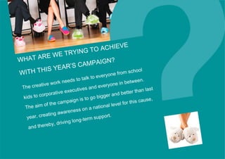 VE
                      T O ACHIE
            E TRYING
WHA T ARE W                   ?
                  CA M PAI GN
           YEAR’S
W ITH THIS                 ryone from sch
                                          ool
                                  talk   to eve
                  wo rk n eeds to                         in betwe
                                                                     e n.
 The cre
           ative                                  ryone
                                 utives  and ev e                         last
              rporat  ive exec                         nd b e tter than
  ki ds to co                          to go bigger a
                            pai gn i s                                   use,
               f t he  c am                             vel fo r this ca
   T he aim o                          n a na tional le
                    g aw a reness o
    year , creatin                              port.
                             g long-  term sup
               eb  y, drivin
     and ther
 