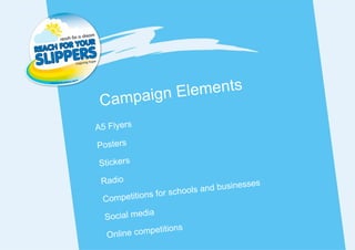 m pa ign E l em e nt s
 Ca
A5 Flyers

Posters

Stickers

 Radio                               sses
                    chools and busine
 Competitions for s
            ia
  Social med
                  ions
  Online competit
 