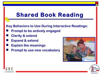 Shared Book Reading
Key Behaviors to Use During Interactive Readings:
 Prompt to be actively engaged
 Clarity & extend
 Expand & extend
 Explain the meanings
 Prompt to use new vocabulary

 