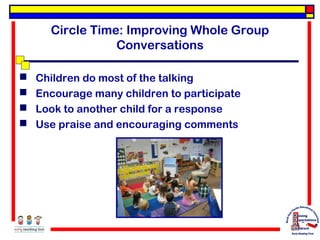 Circle Time: Improving Whole Group
Conversations





Children do most of the talking
Encourage many children to participate
Look to another child for a response
Use praise and encouraging comments

 