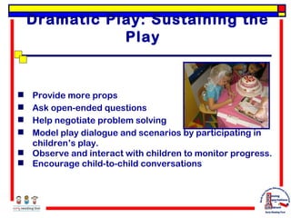 Dramatic Play: Sustaining the
Play

Provide more props
Ask open-ended questions
Help negotiate problem solving
Model play dialogue and scenarios by participating in
children’s play.
 Observe and interact with children to monitor progress.
 Encourage child-to-child conversations





 