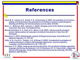 References
Assel, M. A., Landry, S. H., Swank, P. R., & Gunnewig, S. (2007). An evaluation of curriculum,
setting, and mentoring on the performance of children enrolled in prekindergarten.
Reading and Writing: An Interdisciplinary Journal, 20(5), 463-494.
Beck, I.L., McKeown, M.G., & Kucan, L. (2002). Bringing words to life: Robust vocabulary
instruction. New York: The Guilford Press.
Bennett-Armistead, V. S., Duke, N. K., Moses, A. M. (2005). Literacy and the youngest
learner: Best practices for educators of children from birth to 5 . New York, NY:
Scholastic.
Bialystock, E. (2001). Metalinguistic aspects of bilingual processing. Annual Review of
Applied Linguistics, 21, 169-181.
Catts, H. W., Fey, M. E., Tomblin, J. B., & Zhang, X. (2002). A longitudinal investigation of
reading outcomes in children with language impairments. Journal of Speech,
Language, and Hearing Research, 45, 1142-1157.
Dickinson, D. K. (2006). Large group and free-play times: Conversational settings supporting
language and literacy development. In D. K. Dickinson, & P. O. Tabors (Eds.), Beginning
literacy with language: Young children learning at home and at school (pp. 223-256).
Baltimore, MD: Brookes.

 