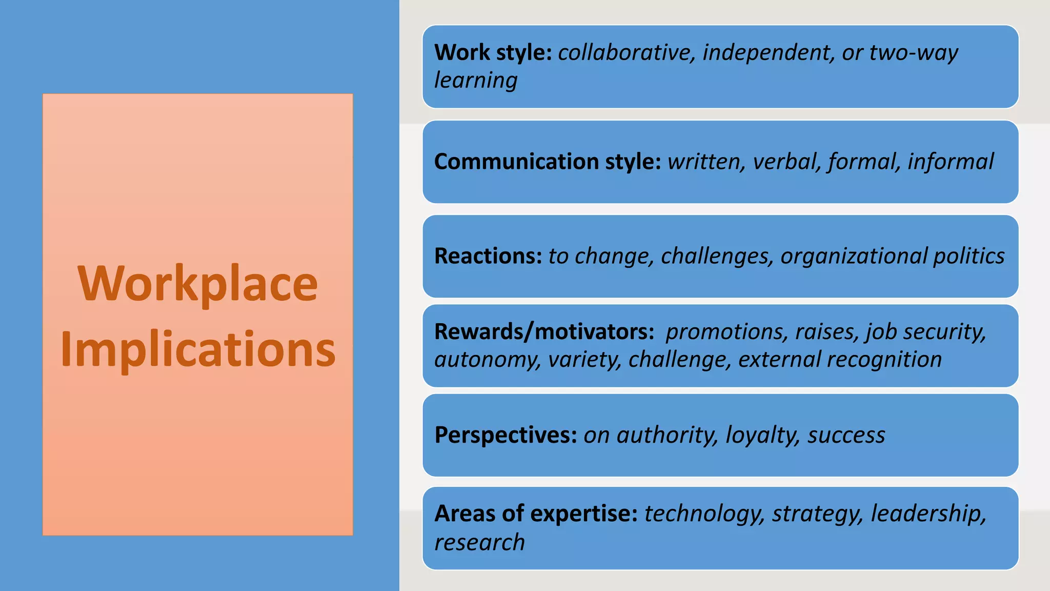 Workplace
Implications
Work style: collaborative, independent, or two-way
learning
Communication style: written, verbal, formal, informal
Reactions: to change, challenges, organizational politics
Rewards/motivators: promotions, raises, job security,
autonomy, variety, challenge, external recognition
Perspectives: on authority, loyalty, success
Areas of expertise: technology, strategy, leadership,
research
 