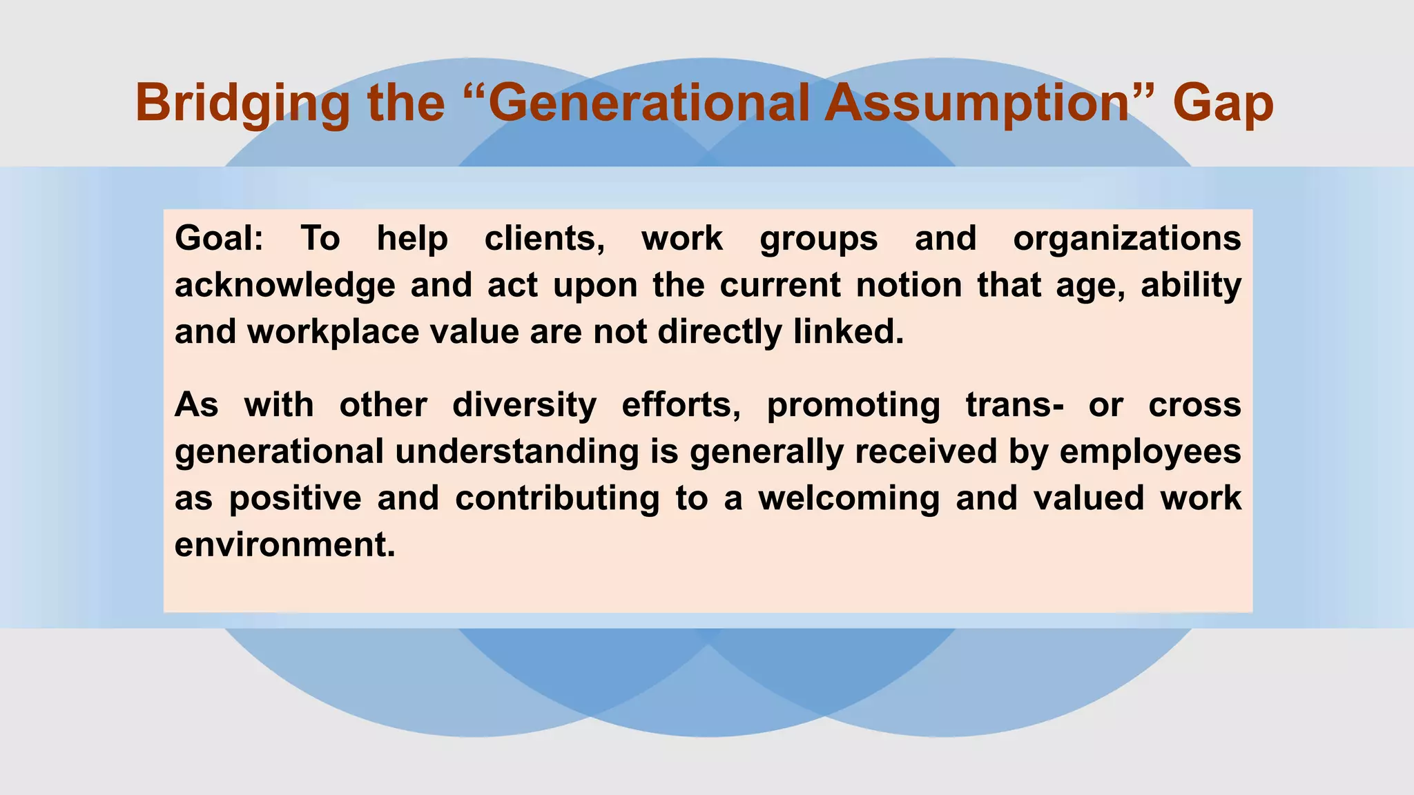 Bridging the “Generational Assumption” Gap
Goal: To help clients, work groups and organizations
acknowledge and act upon the current notion that age, ability
and workplace value are not directly linked.
As with other diversity efforts, promoting trans- or cross
generational understanding is generally received by employees
as positive and contributing to a welcoming and valued work
environment.
 