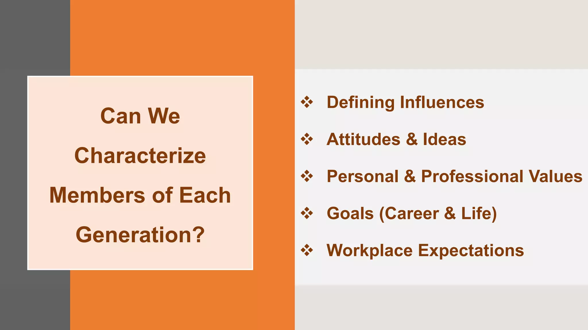 Can We
Characterize
Members of Each
Generation?
 Defining Influences
 Attitudes & Ideas
 Personal & Professional Values
 Goals (Career & Life)
 Workplace Expectations
 