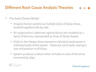Different Root Cause Analysis Theories
• The Swiss Cheese Model
• Imagine human systems as multiple slices of Swiss chees,
stacked together side by side.
• An organization’s defenses against failure are modeled as a
series of barriers, represented as slices of Swiss cheese.
• Holes in the cheese slices represent individual weaknesses in
individual parts of the system. Holes are continually varying in
size and position in all slices.
• System produces a failure when all holes in each of the slices
momentarily align.
 