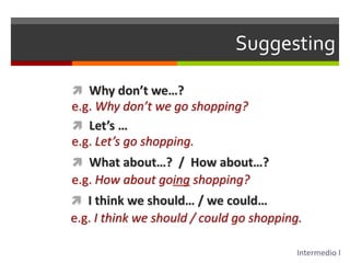 SuggestingWhy don’t we…?e.g. Why don’t we go shopping?Let’s …e.g. Let’s go shopping.What about…?  /  How about…?e.g. How about going shopping?I think we should… / we could…e.g. I think we should / could go shopping.Intermedio I