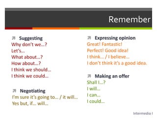 RememberExpressing opinionGreat! Fantastic!Perfect! Good idea!I think… / I believe…I don’t think it’s a good idea.SuggestingWhy don’t we…?Let’s…What about…?How about…?I think we should…I think we could…Making an offerShall I…?I will…I can…I could…NegotiatingI’m sure it’s going to… / it will…Yes but, if… will…Intermedio I