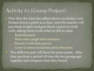  Now that the class has talked about vocabulary and
    broken down a poem as a class, next the teacher will
    put them in pairs and give them a poem to work
    with, asking them to do what we did in class:
    1. Read the poem
    2. Mark what caught their attention
    3. Discuss it with their partner
    4. Come to some conclusions about the poem
    Two different pair will have the same poem. After
     they are done a period of time the two groups get
     together and compare what they found.
 