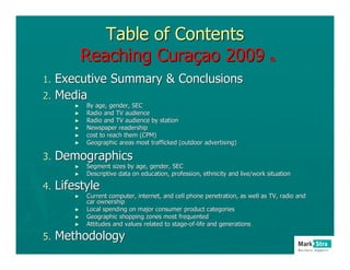 Table of Contents
            Reaching Curaçao 2009                                               ®


1. Executive Summary & Conclusions
2. Media
        ►   By age, gender, SEC
        ►   Radio and TV audience
        ►   Radio and TV audience by station
        ►   Newspaper readership
        ►   cost to reach them (CPM)
        ►   Geographic areas most trafficked (outdoor advertising)

3.   Demographics
        ►   Segment sizes by age, gender, SEC
        ►   Descriptive data on education, profession, ethnicity and live/work situation
                                                                     live/work

4.   Lifestyle
        ►   Current computer, internet, and cell phone penetration, as well as TV, radio and
            car ownership
        ►   Local spending on major consumer product categories
        ►   Geographic shopping zones most frequented
        ►   Attitudes and values related to stage-of-life and generations
                                            stage- of-

5.   Methodology
 
