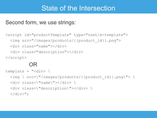 State of the Intersection
Second form, we use strings:
<script id="productTemplate" type="text/x-template">
<img src="/images/products/{{product_id}}.png">
<div class="name"></div>
<div class="description"></div>
</script>

OR
template = "<div> 
<img  src="/images/products/{{product_id}}.png"> 
<div class="name"></div> 
<div class="description"></div> 
</div>";

 