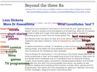 Comment is Free Less Dickens http://commentisfree.guardian.co.uk/ewan_mcintosh/2008/02/beyond_the_three_rs.html   More Dr Kawashima What constitutes ‘text’? novels short stories plays poems comics e-mails films games TV programmes text messages blogs social networking sites 