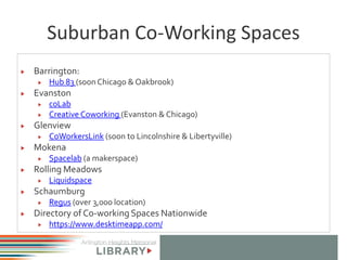 Suburban Co-Working Spaces
Barrington:
Hub 83 (soon Chicago & Oakbrook)
Evanston
coLab
Creative Coworking (Evanston & Chicago)
Glenview
CoWorkersLink (soon to Lincolnshire & Libertyville)
Mokena
Spacelab (a makerspace)
Rolling Meadows
Liquidspace
Schaumburg
Regus (over 3,000 location)
Directory of Co-working Spaces Nationwide
https://www.desktimeapp.com/
 