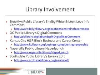 Library Involvement
Brooklyn Public Library’s ShelbyWhite & Leon Levy Info
Commons
http://www.bklynlibrary.org/locations/central/infocommons
DC Public Library’s Digital Commons
http://dclibrary.org/labsatdcpl#Digital%20Commons
Kansas City H&R Block Business and Career Center
http://www.kclibrary.org/business-career/entrepreneurship
Naperville Public Library Naperlaunch
http://www.naperville-lib.org/NaperLaunch
Scottsdale Public Library’s Eureka Loft
http://www.scottsdalelibrary.org/eurekaloft
 