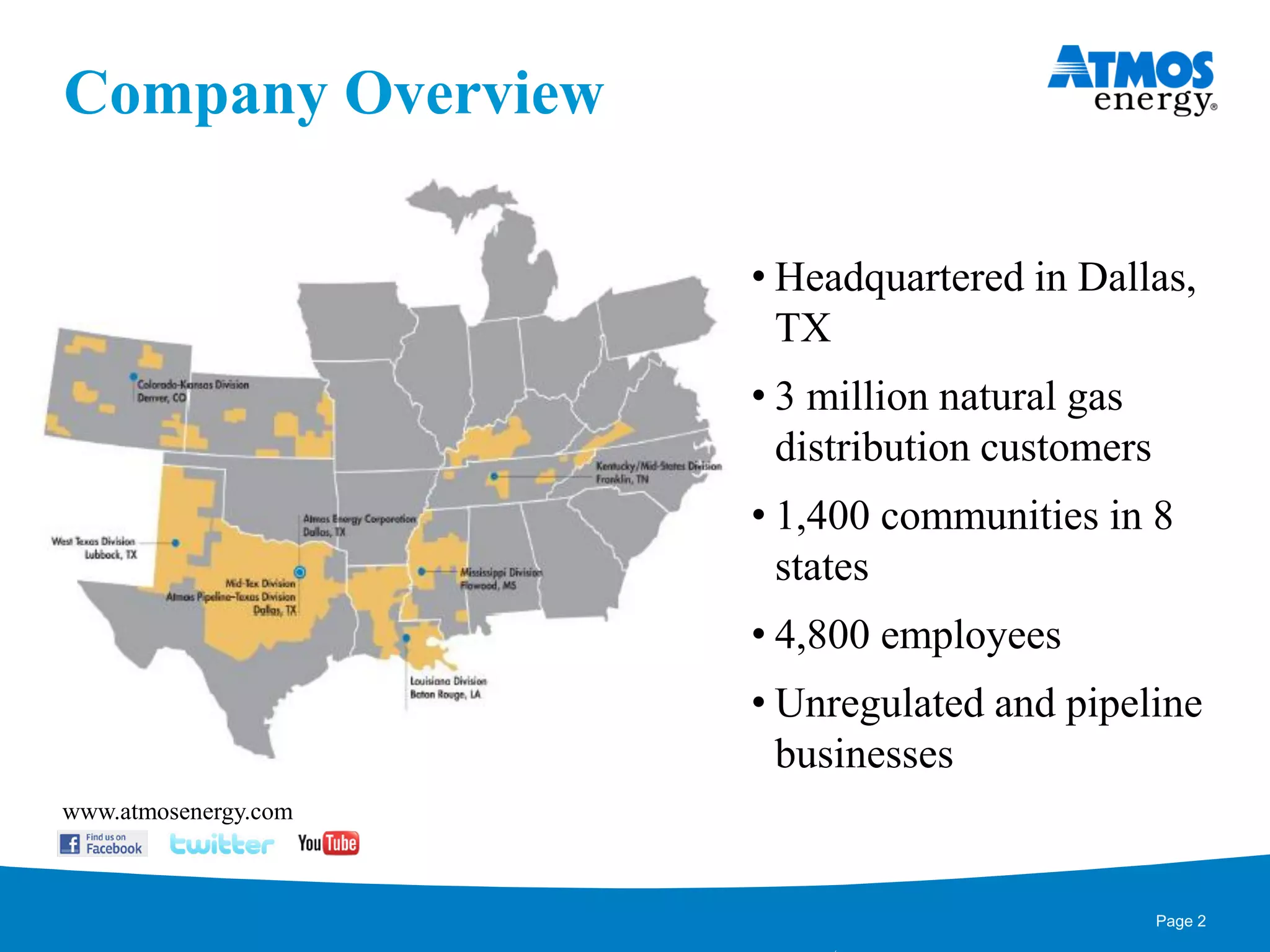 • Headquartered in Dallas,
TX
• 3 million natural gas
distribution customers
• 1,400 communities in 8
states
• 4,800 employees
• Unregulated and pipeline
businesses
www.atmosenergy.com
Company Overview
Page 2
 