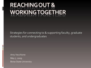 Amy Vecchione May 7, 2009 Boise State University Strategies for connecting to & supporting faculty, graduate students, and undergraduates 