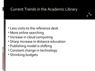 Current Trends in the Academic Library  Less visits to the reference desk More online searching  Increase in cloud computing Sharp increase in distance education Publishing model is shifting Constant change in technology Shrinking budgets 