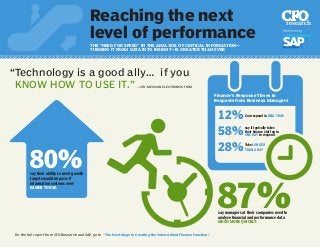 Reaching the next 
level of performance 
THE “NEED FOR SPEED” IN THE ANALYSIS OF CRITICAL INFORMATION— 
TURNING IT FROM DATA INTO INSIGHT—IS GREATER THAN EVER 
“ Technology is a good ally… if you 
KNOW HOW TO USE IT.” —CFO, MEXICAN ELECTRONICS FIRM 
80% 
say their ability to meet growth 
targets would improve if 
information systems were 
EASIER TO USE. 
87% 
say managers at their companies need to 
analyze financial and performance data 
MUCH MORE QUICKLY. 
Finance’s Response Times to 
Requests from Business Managers 
28% 
12% 
Can respond in REAL TIME 
Take LONGER 
THAN A DAY 
58% 
say it typically takes 
their finance staff up to 
ONE DAY to respond 
CFOresearch 
For the full report from CFO Research and SAP, go to “The Next Stage in Creating the Value-Added Finance Function.” 
