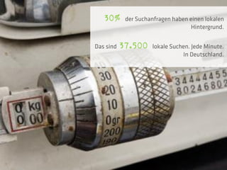 30%      der Suchanfragen haben einen lokalen
                                    Hintergrund.


Das sind   37.500    lokale Suchen. Jede Minute.
                                In Deutschland.
 