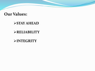 Our Values:
STAY AHEAD
RELIABILITY
INTEGRITY
 