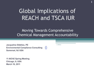 Global Implications of  REACH and TSCA IUR Moving Towards Comprehensive  Chemical Management Accountability  Jacqueline Sibblies, PE Environmental Compliance Consulting  Somerset, NJ USA 11 AIChE Spring Meeting Chicago, IL USA March 16, 2011 