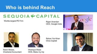 Who is behind Reach
Worlds largest PE Firm
Robin Moses,
Chartered Accountant
Sharique Wase
HOS, Make my trip
Rajan Anandan
CEO, Google India
Rehan Yar Khan
Orios Capital