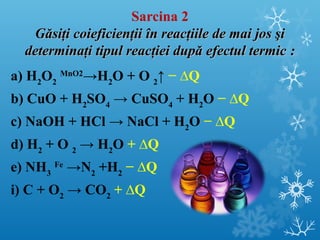 Sarcina 2 
GGăăssiiţţii ccooiieeffiicciieennţţiiii îînn rreeaaccţţiiiillee ddee mmaaii jjooss şşii 
ddeetteerrmmiinnaaţţii ttiippuull rreeaaccţţiieeii dduuppăă eeffeeccttuull tteerrmmiicc :: 
а) H2O2 MnO2→H2O + O 2↑ − ΔQ 
b) CuO + H2SO4 → CuSO4 + H2O − ΔQ 
c) NaOH + HCl → NaCl + H2O − ΔQ 
d) H2 + O 2 → H2O + ΔQ 
e) NH3 Fe →N2 +H2 − ΔQ 
i) C + O2 → CO2 + ΔQ 
 