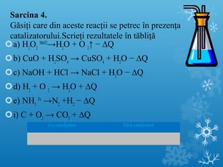 Sarcina 4. 
Găsiţi care din aceste reacţii se petrec în prezenţa 
catalizatorului.Scrieţi rezultatele în tăbliţă 
а) H2O2 MnO2→H2O + O 2↑ − ΔQ 
b) CuO + H2SO4 → CuSO4 + H2O − ΔQ 
c) NaOH + HCl → NaCl + H2O − ΔQ 
d) H2 + O 2 → H2O + ΔQ 
e) NH3 Fe →N2 +H2 − ΔQ 
i) C + O2 → CO2 + ΔQ 
Cu catalizator Fără catalizator 
 