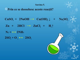 Sarcina 5. 
Prin ce se deosebesc aceste reacţii? 
CuSO4 + 2NaOH → Cu(OH)2 ↓ + Na2SO4 
Zn + 2HCl → ZnCl2 + H2 ↑ 
N2 + ↔ 2NH3 
2SO2 + O 2 ↔ 2SO3 
 