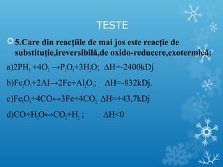 TESTE 
5.Care din reacţiile de mai jos este reacţie de 
substituţie,ireversibilă,de oxido-reducere,exotermică: 
a)2PH3 +4O2 →P2O5+3H2O; ΔH=-2400kDj 
b)Fe2O3+2Al→2Fe+Al2O3; ΔH=-832kDj. 
c)Fe3O4+4CO↔3Fe+4CO2; ΔH=+43,7kDj 
d)CO+H2O↔CO2+H2 ; ΔH<0 
 