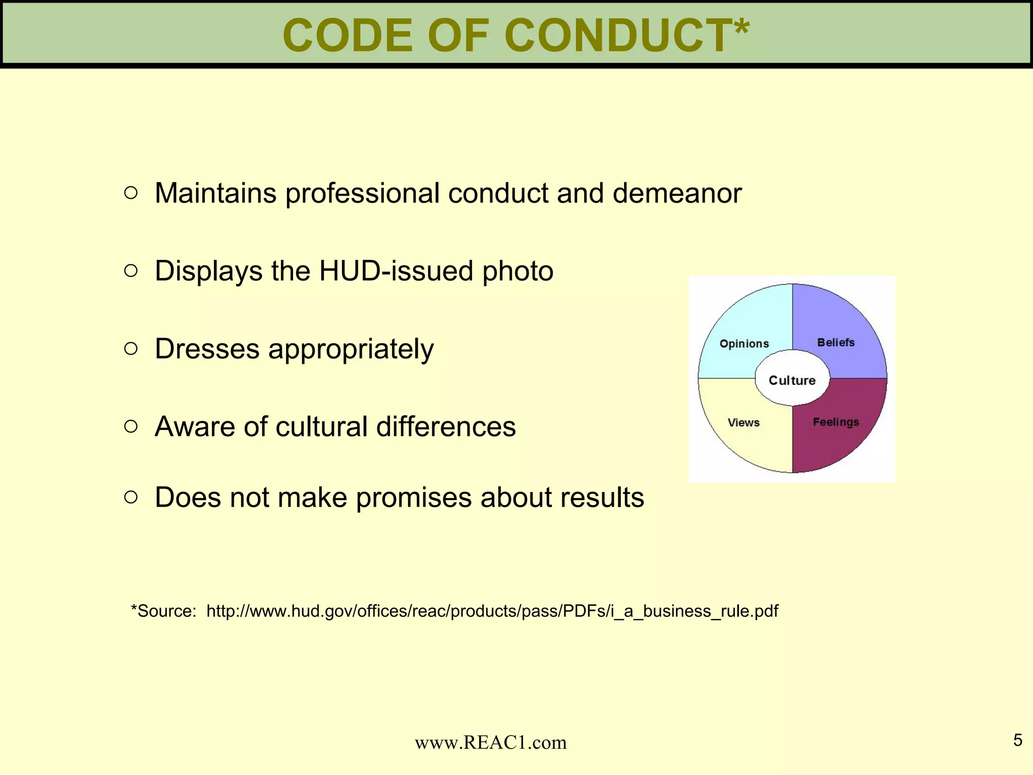 o Maintains professional conduct and demeanor
o Displays the HUD-issued photo
o Dresses appropriately
o Aware of cultural differences
o Does not make promises about results
CODE OF CONDUCT*
5www.REAC1.com
*Source: http://www.hud.gov/offices/reac/products/pass/PDFs/i_a_business_rule.pdf
 