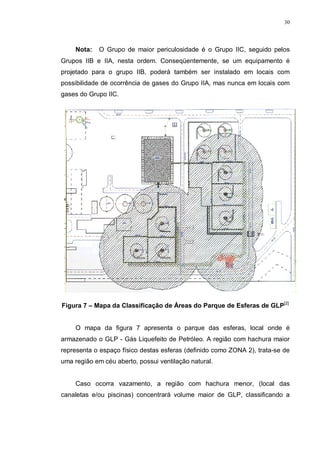 30
Nota: O Grupo de maior periculosidade é o Grupo IIC, seguido pelos
Grupos IIB e IIA, nesta ordem. Conseqüentemente, se um equipamento é
projetado para o grupo IIB, poderá também ser instalado em locais com
possibilidade de ocorrência de gases do Grupo IIA, mas nunca em locais com
gases do Grupo IIC.
Figura 7 – Mapa da Classificação de Áreas do Parque de Esferas de GLP[2]
O mapa da figura 7 apresenta o parque das esferas, local onde é
armazenado o GLP - Gás Liquefeito de Petróleo. A região com hachura maior
representa o espaço físico destas esferas (definido como ZONA 2), trata-se de
uma região em céu aberto, possui ventilação natural.
Caso ocorra vazamento, a região com hachura menor, (local das
canaletas e/ou piscinas) concentrará volume maior de GLP, classificando a
 