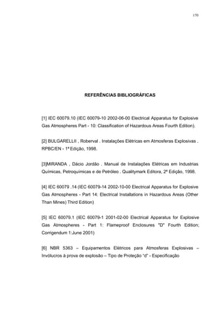 170
REFERÊNCIAS BIBLIOGRÁFICAS
[1] IEC 60079.10 (IEC 60079-10 2002-06-00 Electrical Apparatus for Explosive
Gas Atmospheres Part - 10: Classification of Hazardous Areas Fourth Edition).
[2] BULGARELLII , Roberval . Instalações Elétricas em Atmosferas Explosivas .
RPBC/EN - 1ª Edição, 1998.
[3]MIRANDA , Dácio Jordão . Manual de Instalações Elétricas em Industrias
Químicas, Petroquímicas e de Petróleo . Qualitymark Editora, 2ª Edição, 1998.
[4] IEC 60079 .14 (IEC 60079-14 2002-10-00 Electrical Apparatus for Explosive
Gas Atmospheres - Part 14: Electrical Installations in Hazardous Areas (Other
Than Mines) Third Edition)
[5] IEC 60079.1 (IEC 60079-1 2001-02-00 Electrical Apparatus for Explosive
Gas Atmospheres - Part 1: Flameproof Enclosures "D" Fourth Edition;
Corrigendum 1:June 2001)
[6] NBR 5363 – Equipamentos Elétricos para Atmosferas Explosivas –
Invólucros à prova de explosão – Tipo de Proteção “d” - Especificação
 